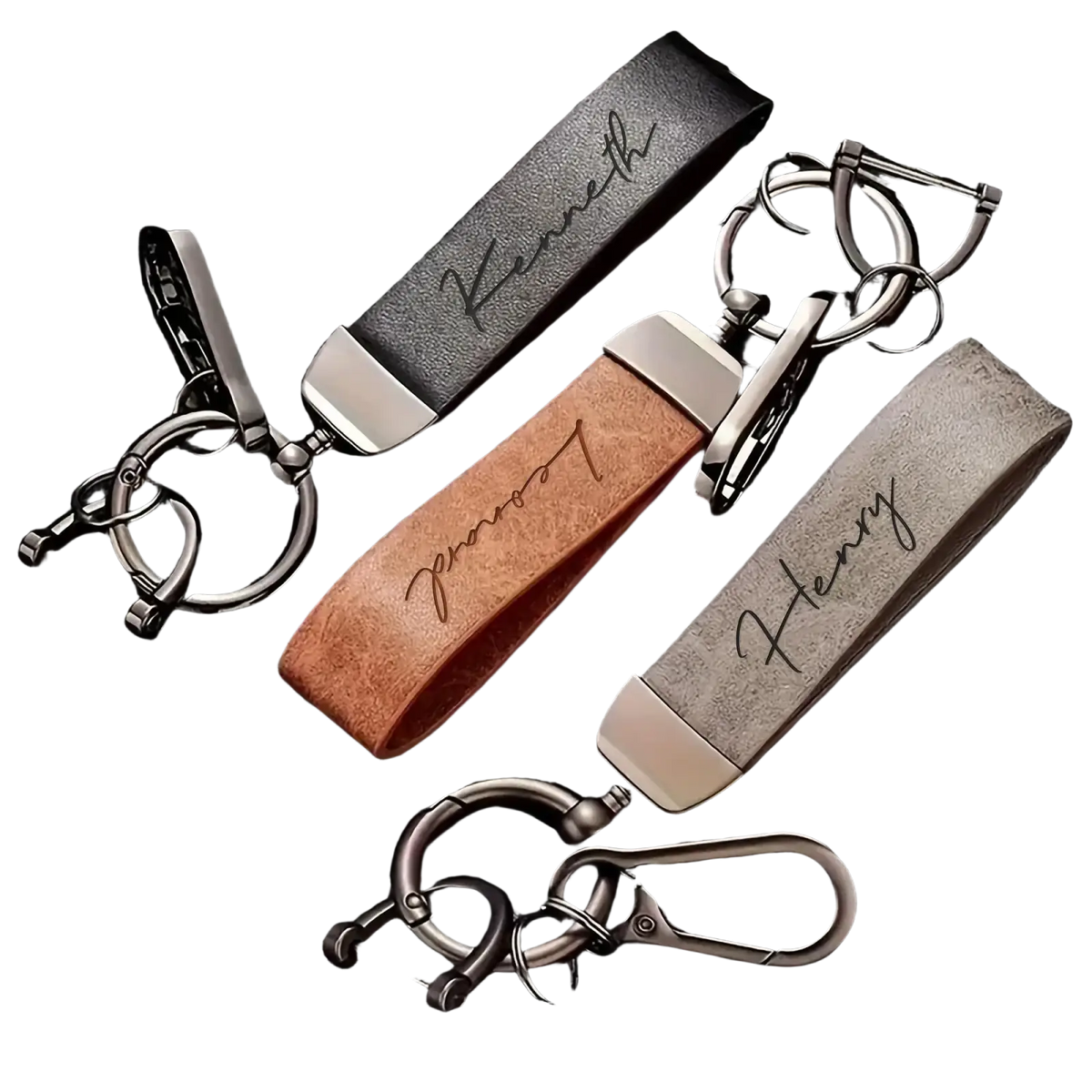 Custom engraved leather keychain personalized gift featuring three keychains with black tan and gray suede straps and silver hardware