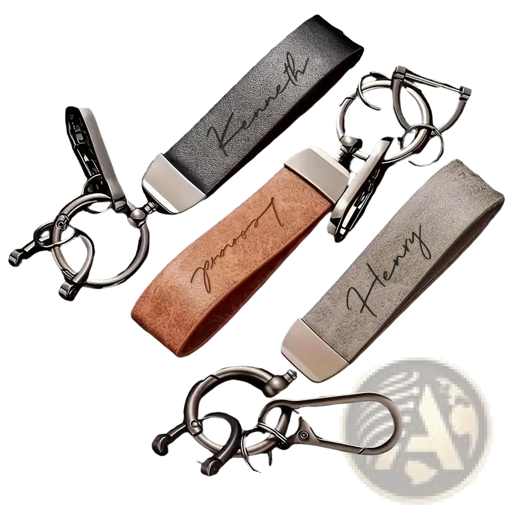 Custom engraved leather keychain personalized gift featuring three keychains with black tan and gray suede straps and silver hardware