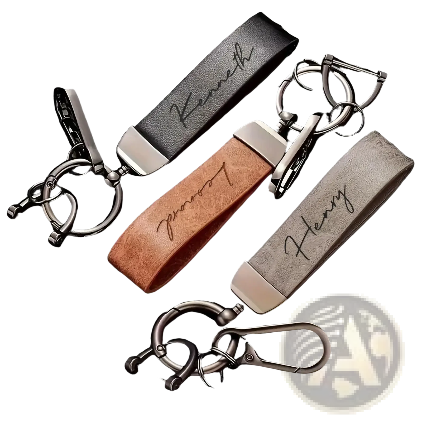 Custom engraved leather keychain personalized gift featuring three keychains with black tan and gray suede straps and silver hardware