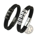 Custom engraved leather name bracelets for men featuring black braided leather with silver and black name plates