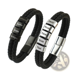 Custom engraved leather name bracelets for men featuring black braided leather with silver and black name plates