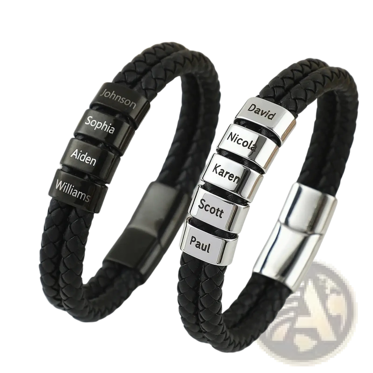 Custom engraved leather name bracelets for men featuring black braided leather with silver and black name plates