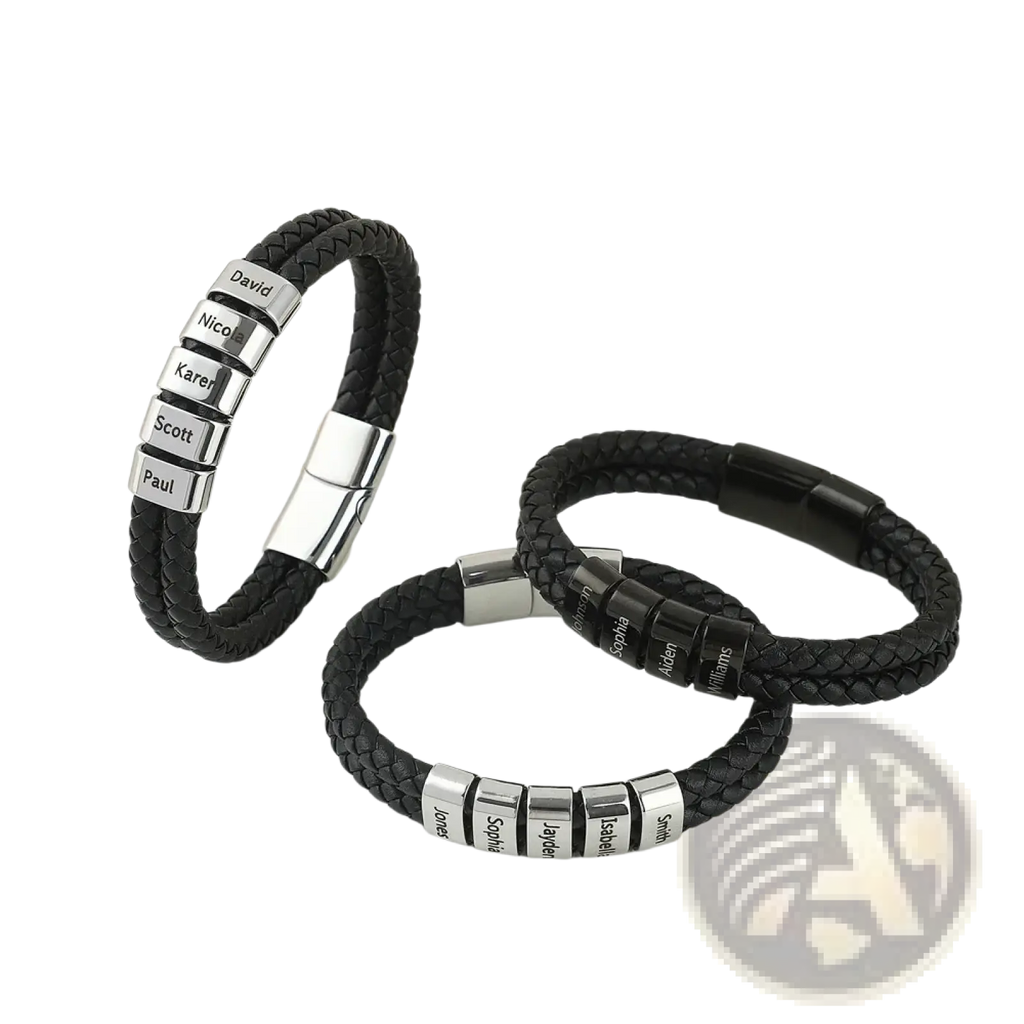 Custom engraved leather name bracelet for men with black braided leather and silver-toned magnetic clasps