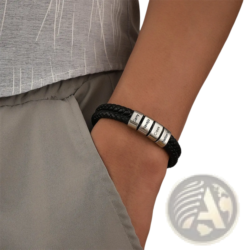 Custom engraved leather name bracelet for men featuring black braided leather and four silver magnetic name plates