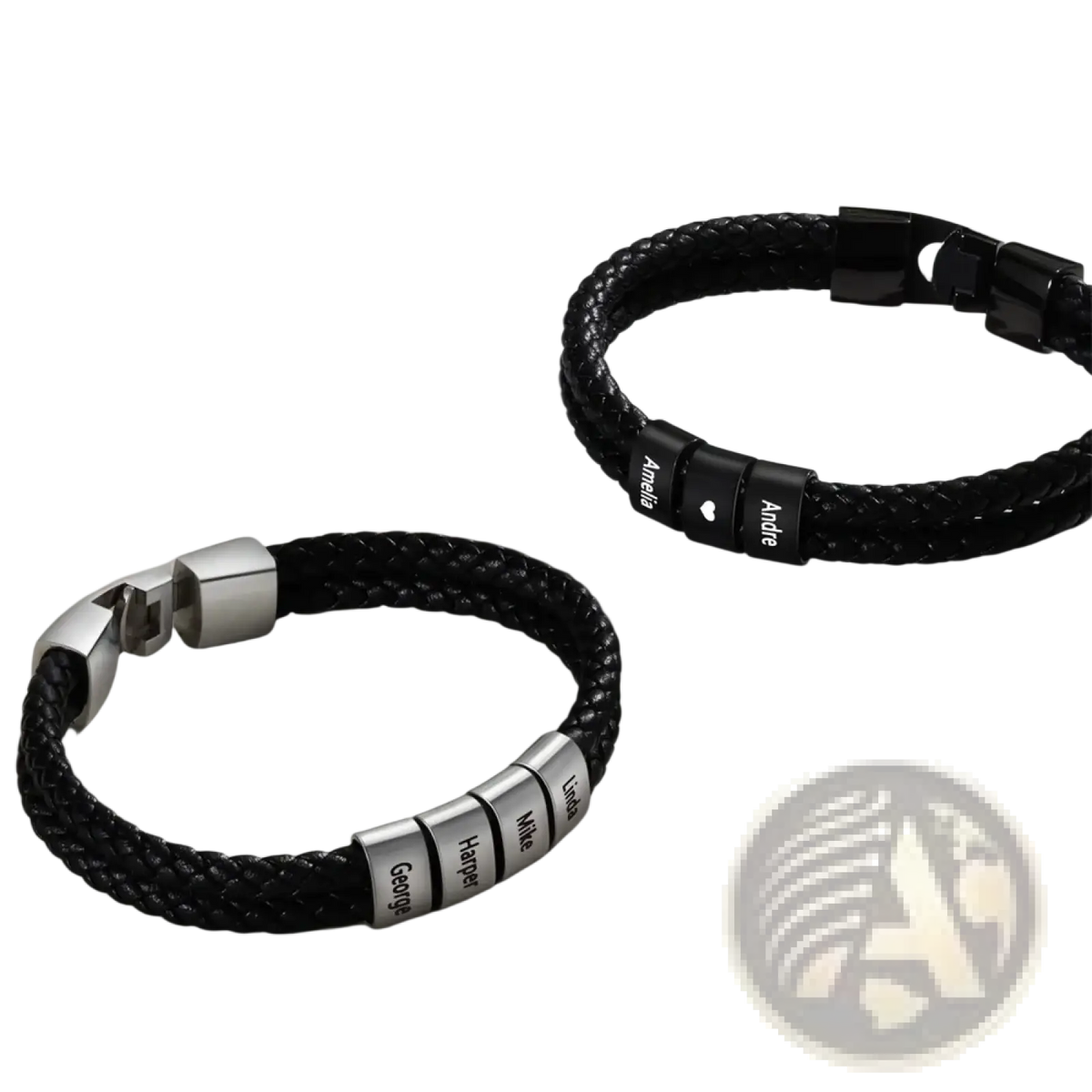 Black braided leather name bracelet for men with silver magnetic clasp and personalized engraved name plates