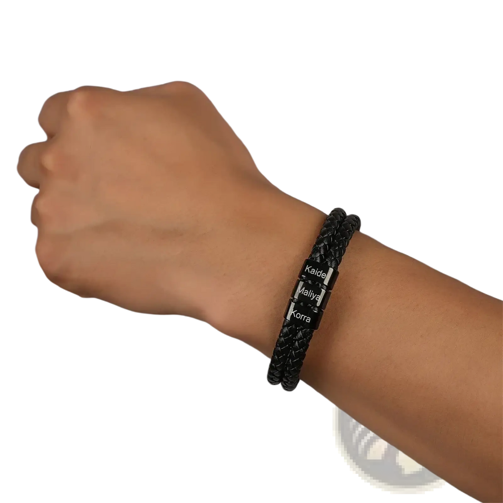 Black braided leather bracelet for men with three engraved stainless steel name plates custom engraved