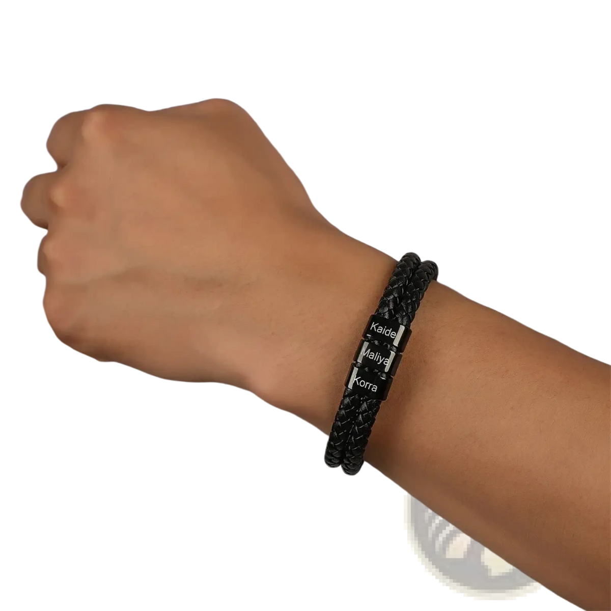 Black braided leather bracelet for men with three engraved stainless steel name plates custom engraved