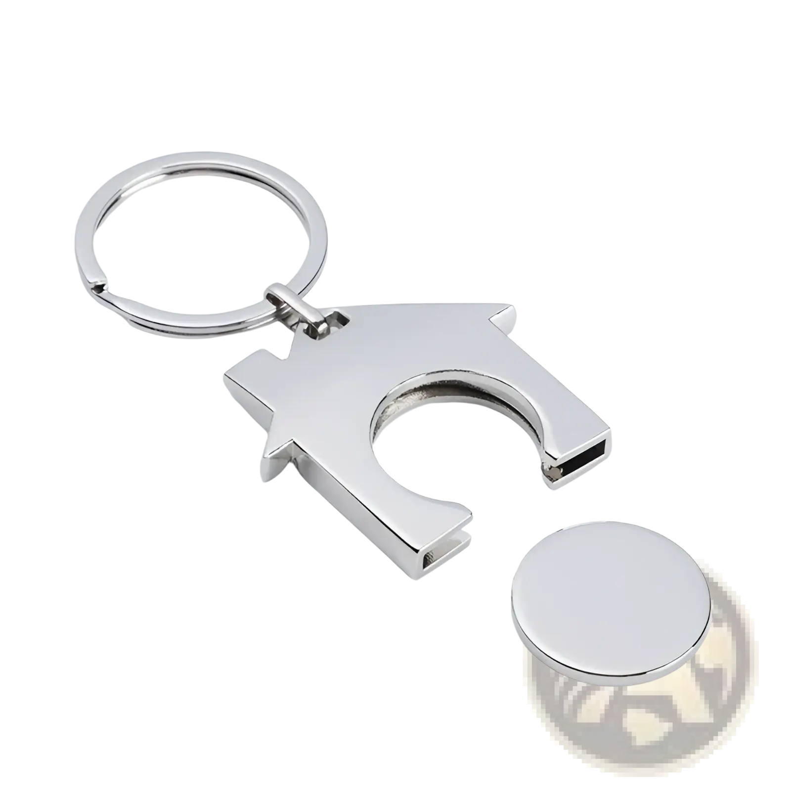 Custom engraved metal keychain silver metallic house-shaped with a circular disc for personalized use