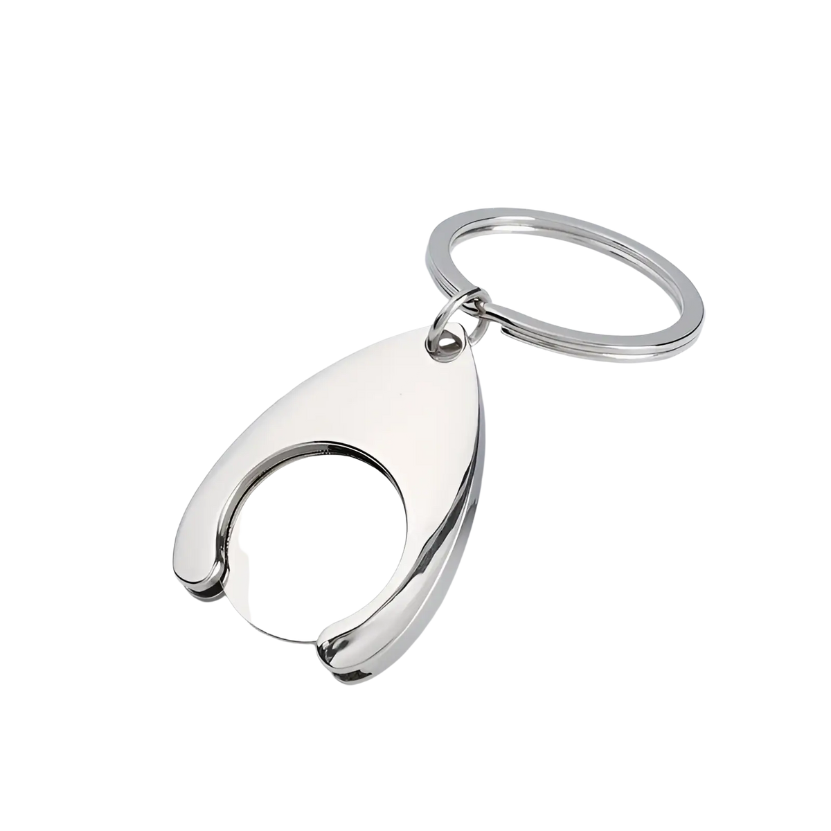 Custom engraved metal keychain in shiny silver with a sleek teardrop shape and integrated circular cutout