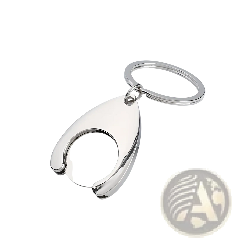 Custom engraved metal keychain in shiny silver with a sleek teardrop shape and integrated circular cutout