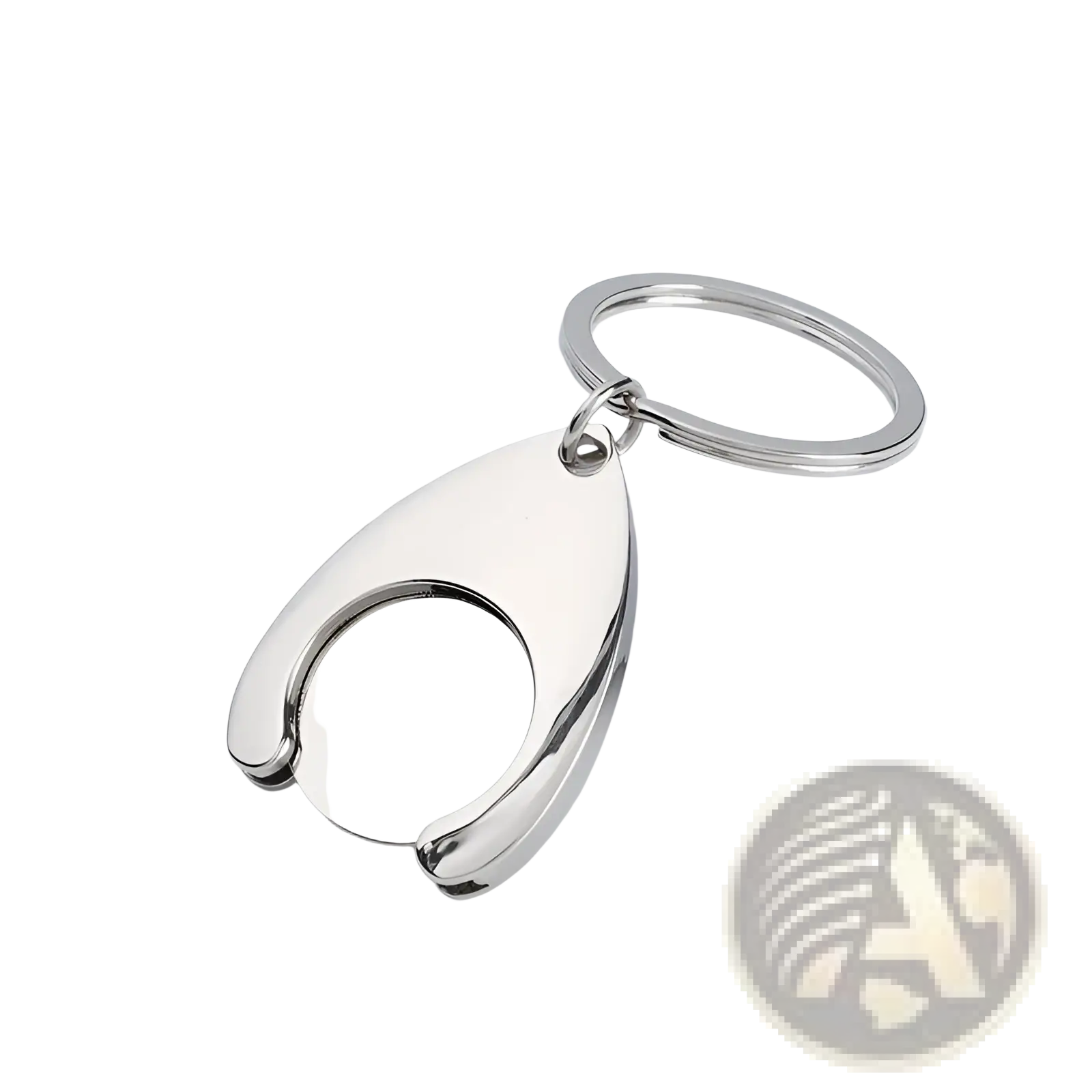 Custom engraved metal keychain in shiny silver with a sleek teardrop shape and integrated circular cutout