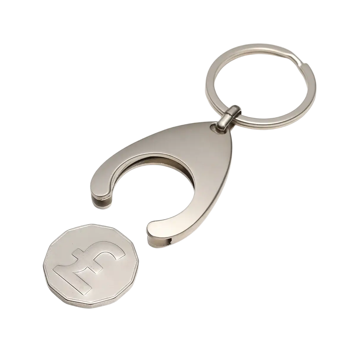 Custom engraved metal keychain in silver with a teardrop opener and octagonal coin charm featuring pound symbol
