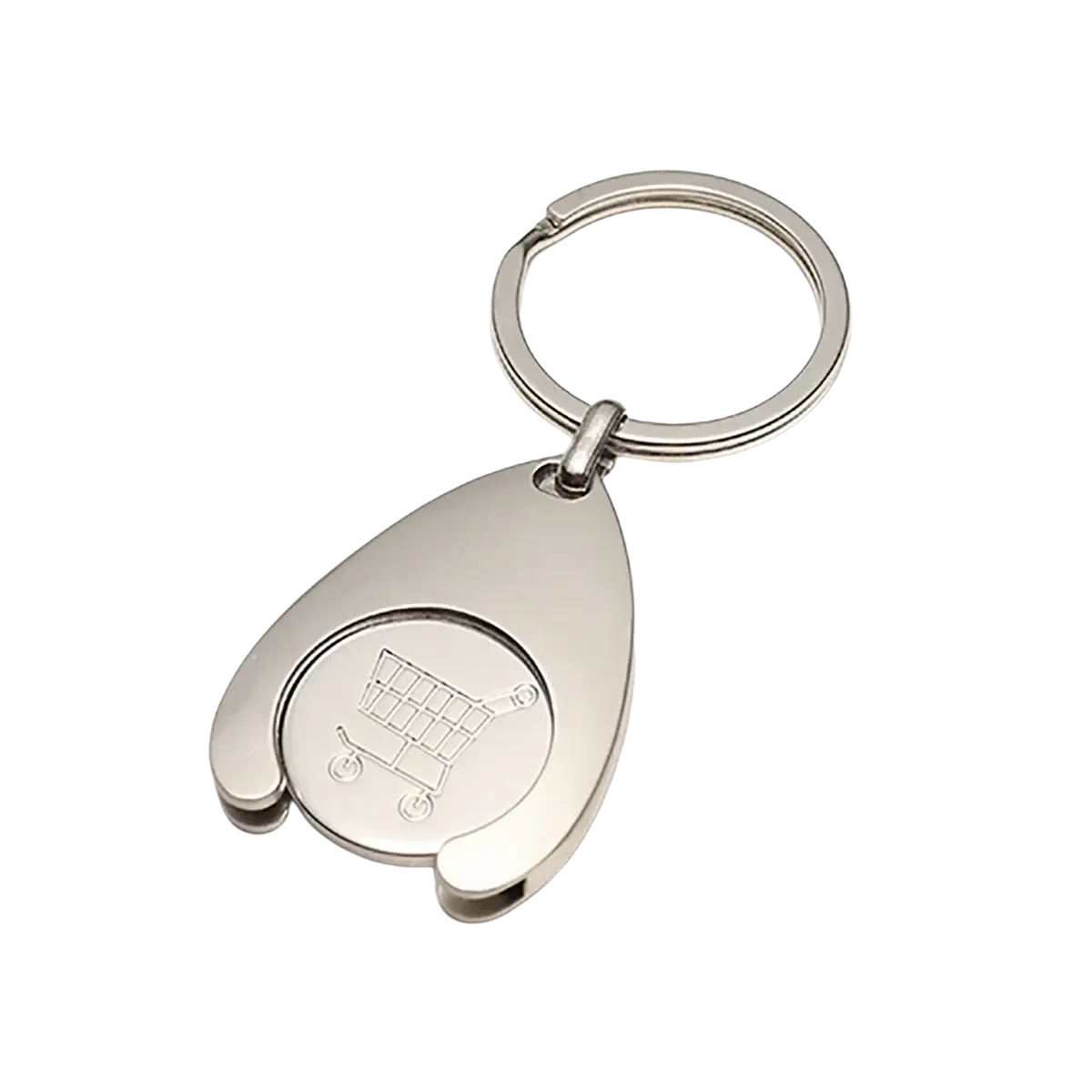 Custom engraved metal keychain in silver featuring a teardrop-shaped coin holder with an engraved shopping cart design
