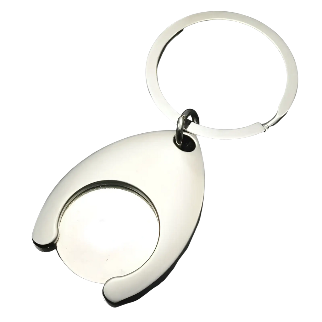 Custom engraved metal keychain with a silver metallic finish and sleek oval-shaped coin holder design