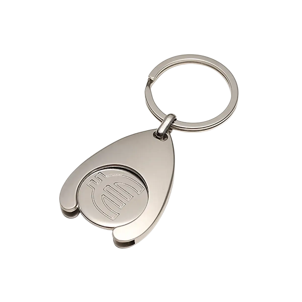 Silver metallic custom engraved metal keychain with a teardrop pendant featuring an engraved circular logo
