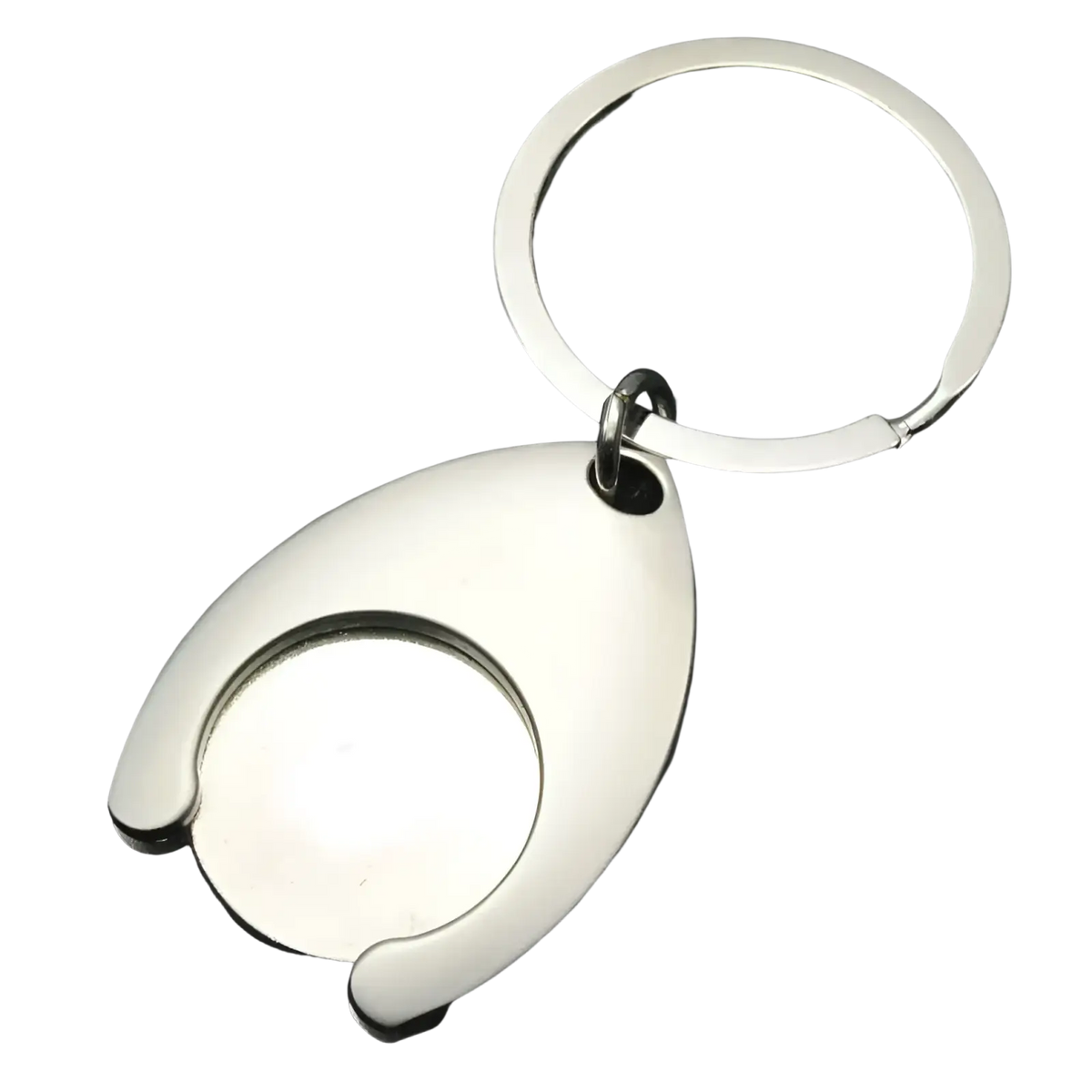 Custom engraved metal keychain with a silver metallic oval pendant featuring an integrated circular cutout