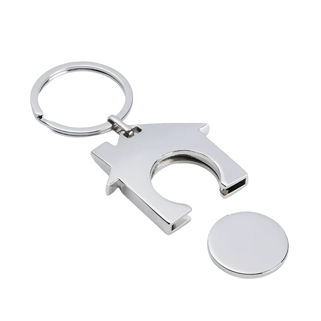 Custom engraved metal keychain silver metallic house-shaped with a circular disc for personalized use