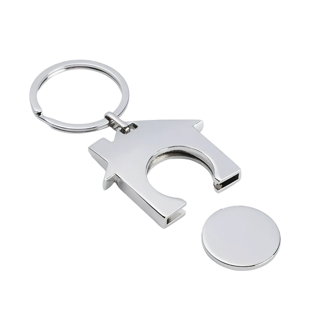 Custom engraved metal keychain silver metallic house-shaped with a circular disc for personalized use
