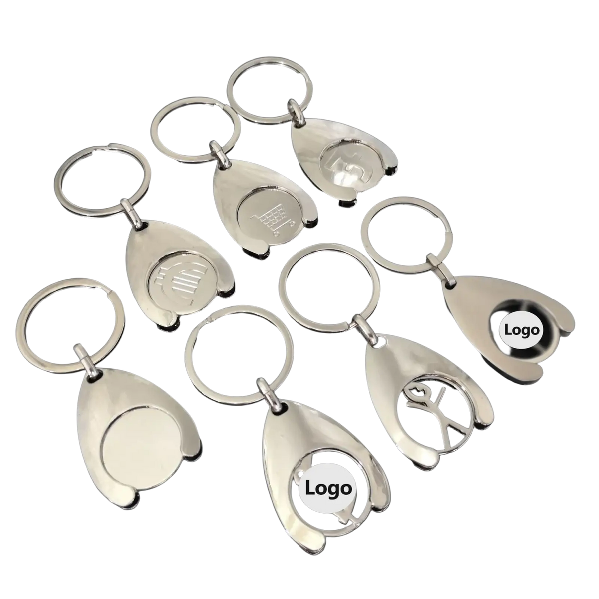 Custom engraved metal keychain featuring silver metallic teardrop design with engraved or cut-out logo areas