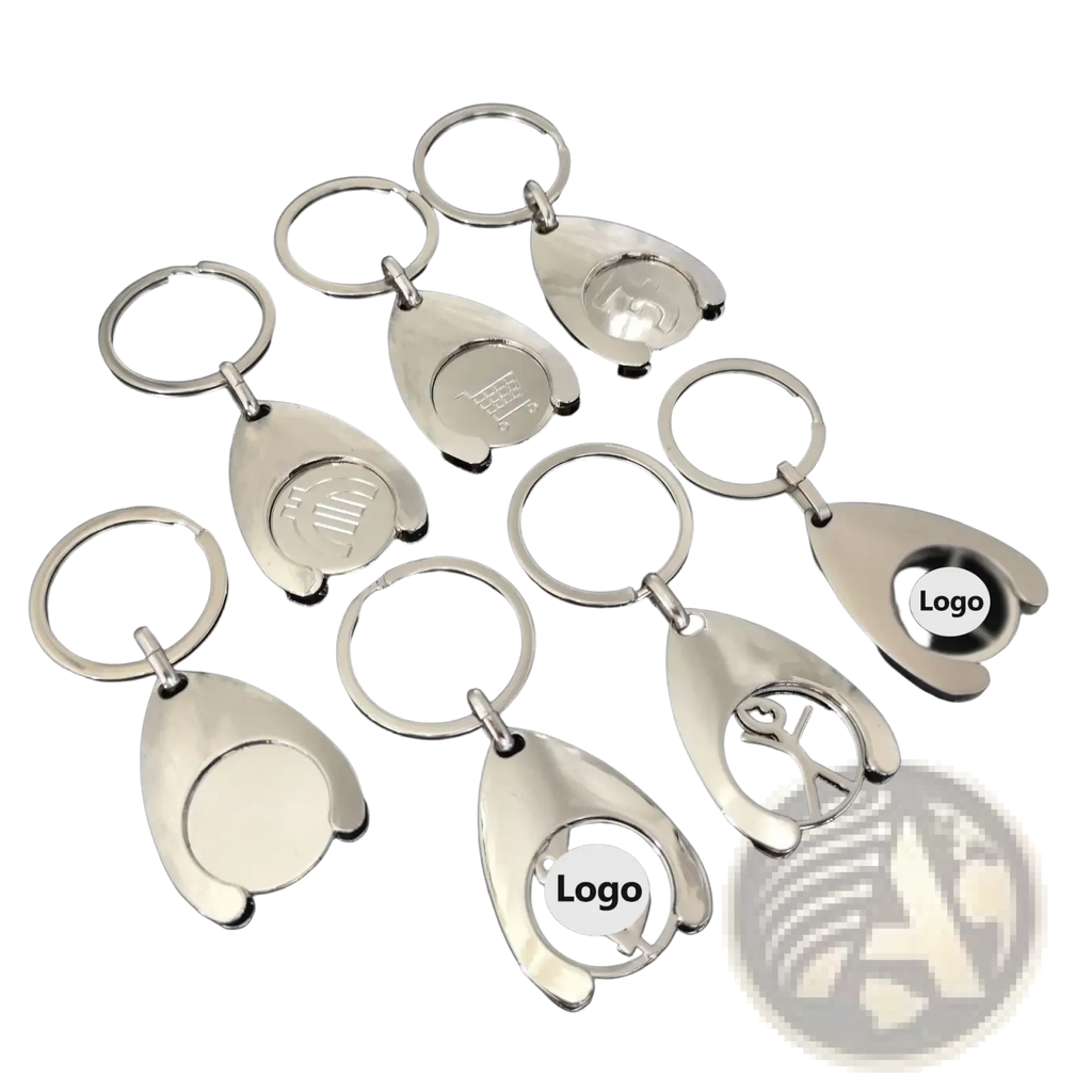 Custom engraved metal keychain featuring silver metallic teardrop design with engraved or cut-out logo areas