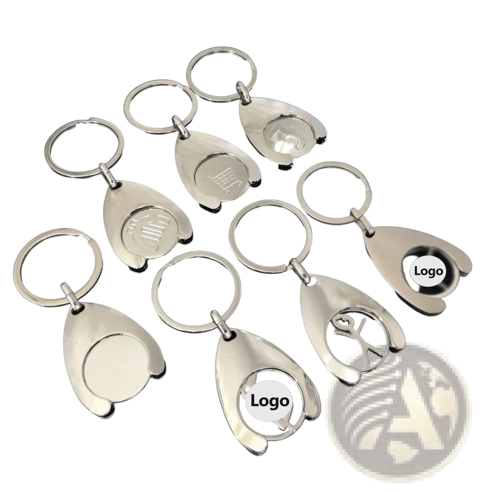 Custom engraved metal keychain featuring silver metallic teardrop design with engraved or cut-out logo areas