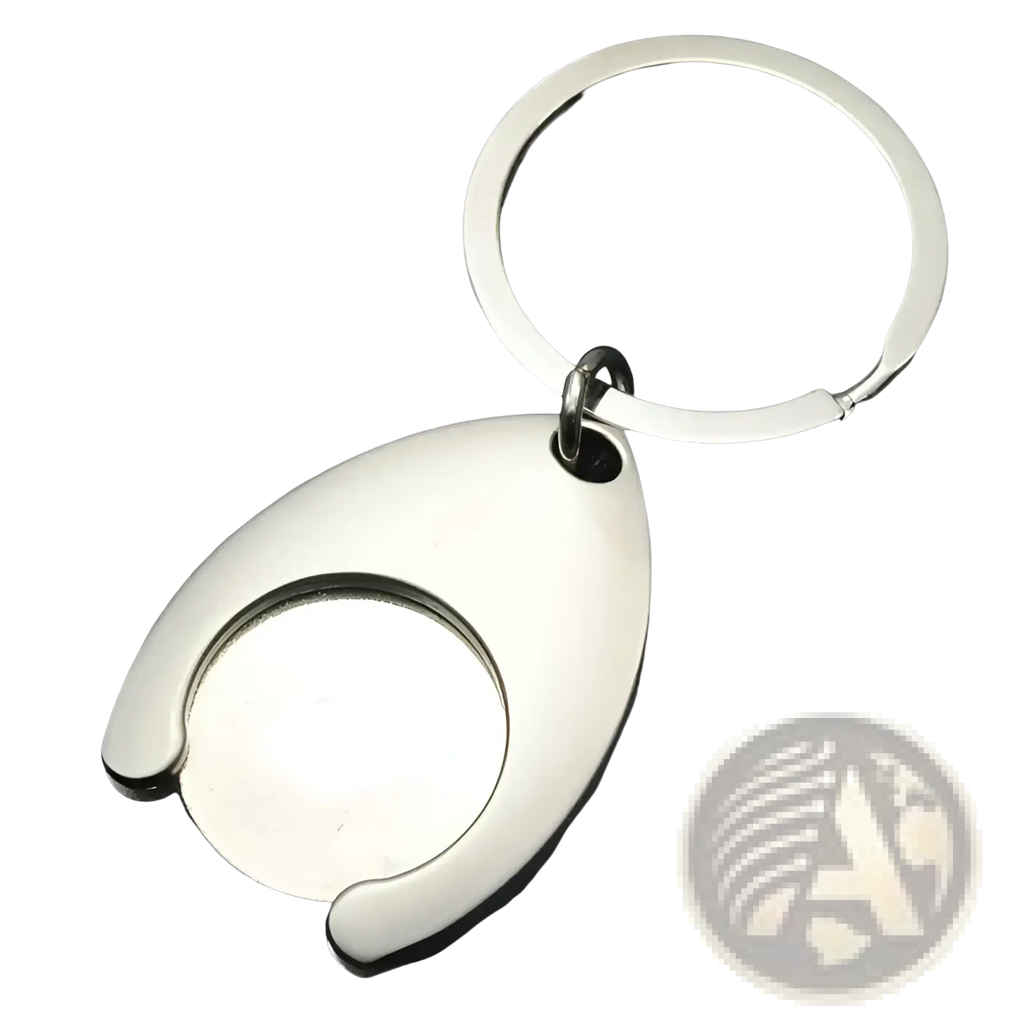 Custom engraved metal keychain with a silver metallic finish and sleek oval-shaped coin holder design