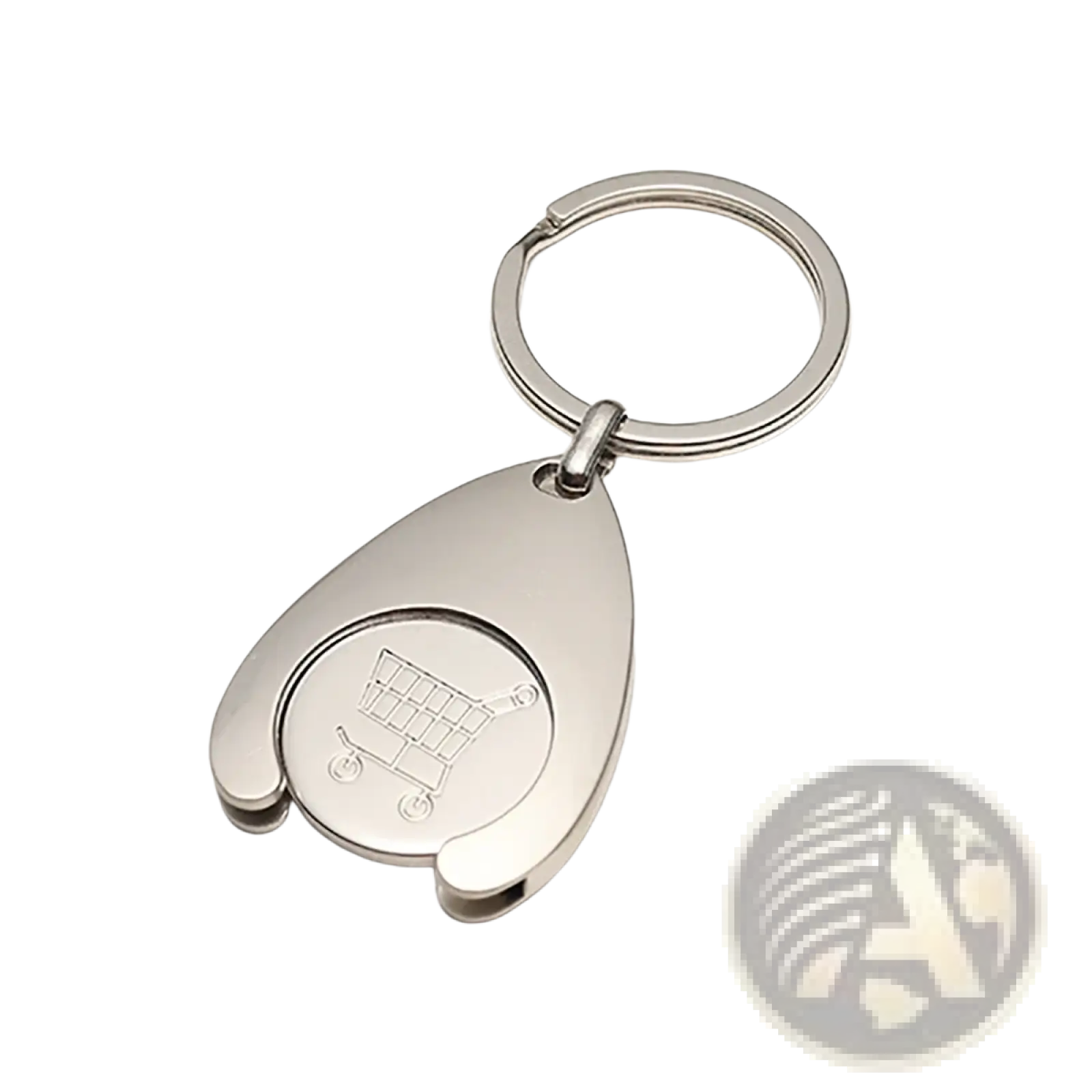 Custom engraved metal keychain in silver featuring a teardrop-shaped coin holder with an engraved shopping cart design
