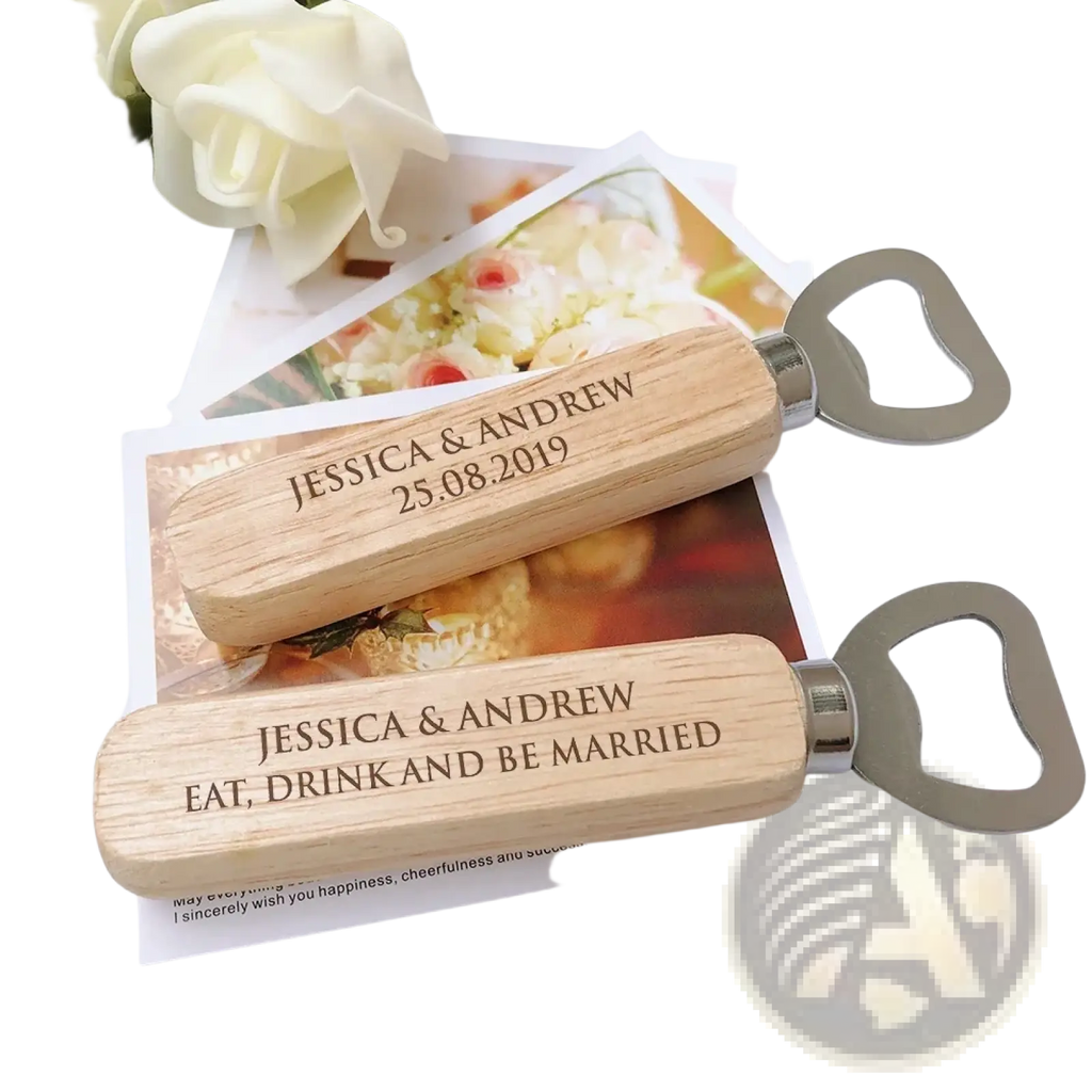 Personalized wooden handle bottle opener with engraved names and wedding date for custom engraved wedding favors