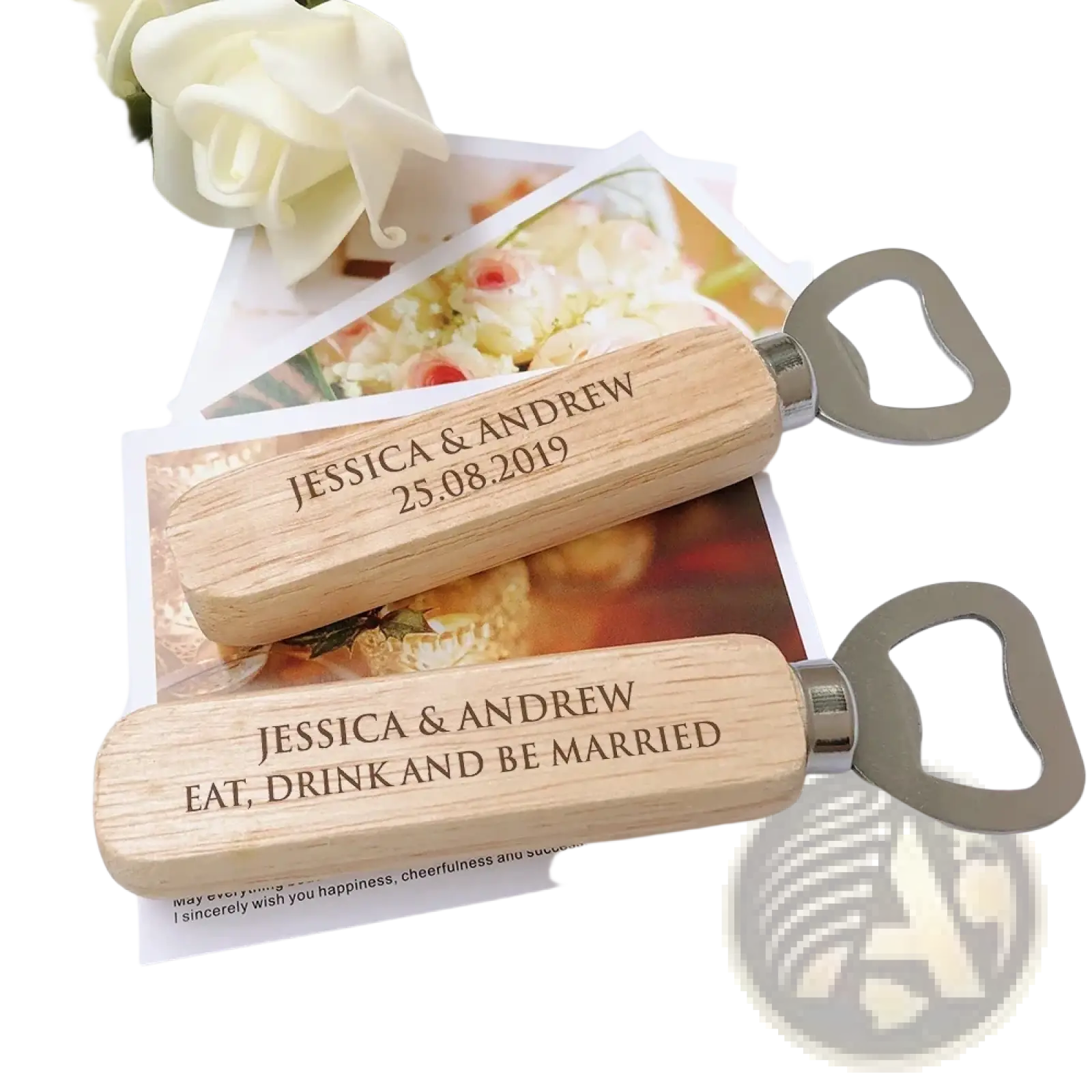 Personalized wooden handle bottle opener with engraved names and wedding date for custom engraved wedding favors