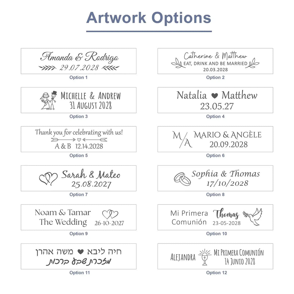 Custom engraved wooden bottle opener wedding favors with customizable elegant black ink labels on white rectangular backgrounds