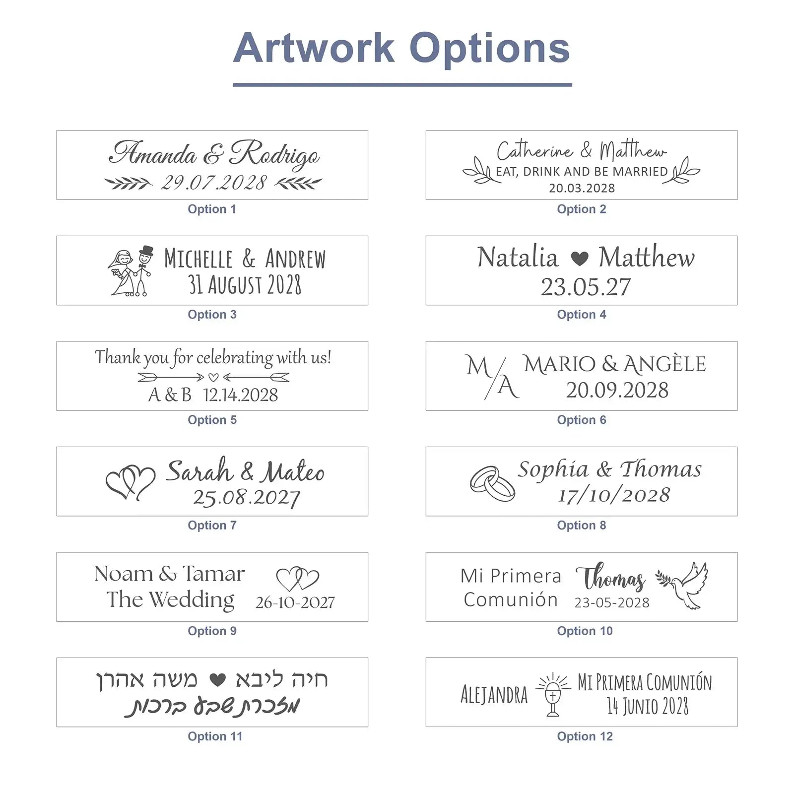 Custom engraved wooden bottle opener wedding favors with customizable elegant black ink labels on white rectangular backgrounds