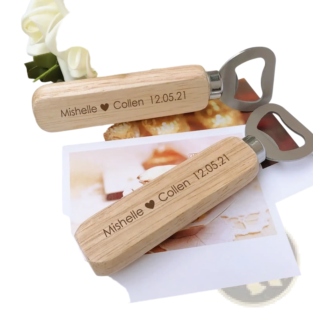 Custom engraved wooden bottle opener with personalized names and date designed as wedding favors