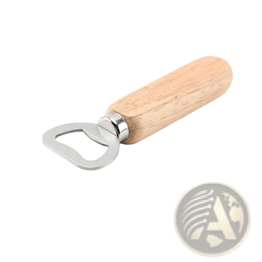 Custom engraved wooden bottle opener with light wood handle and polished steel head ideal for wedding favors