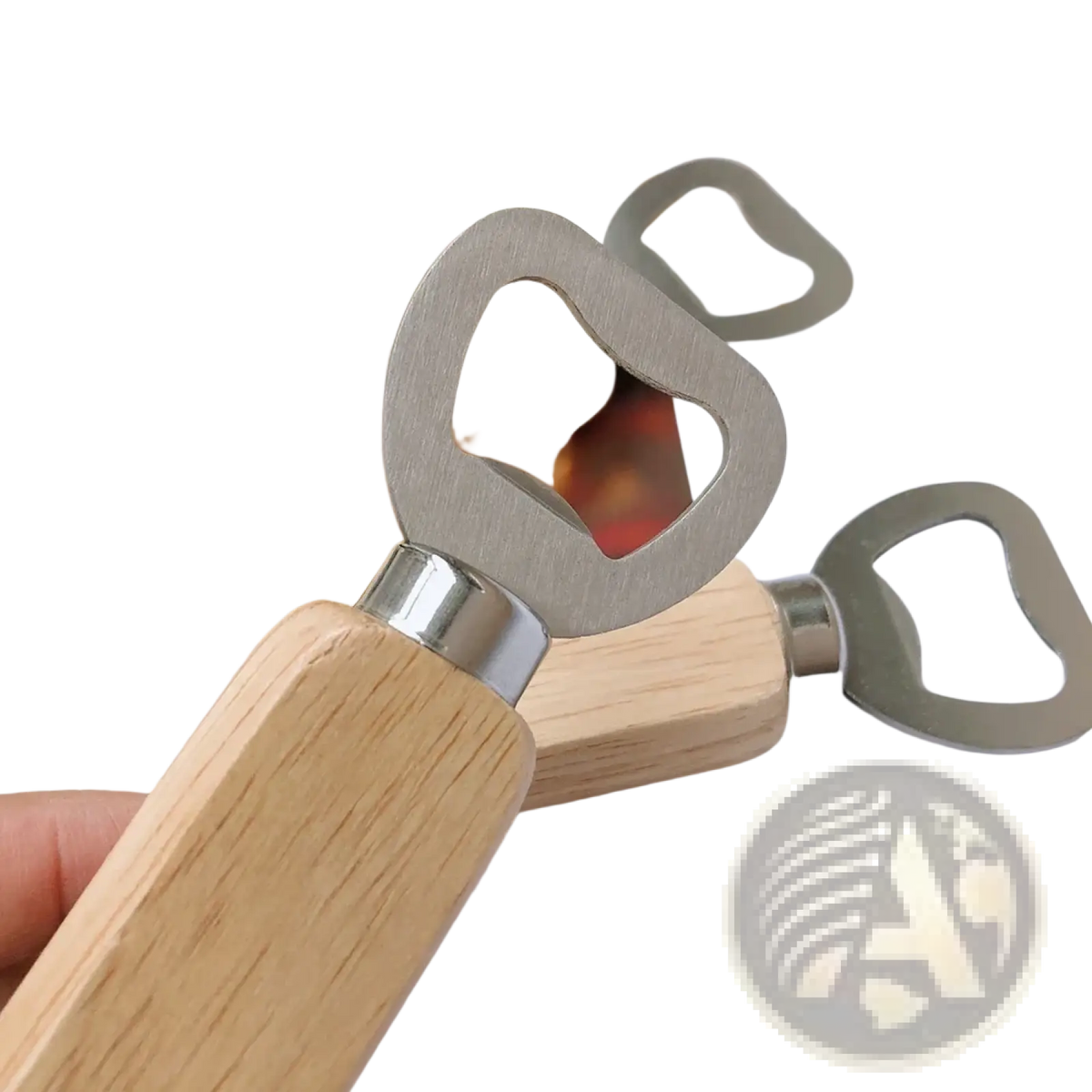 Custom engraved wooden bottle opener with a sleek silver metal opener and smooth wooden handle for wedding favors