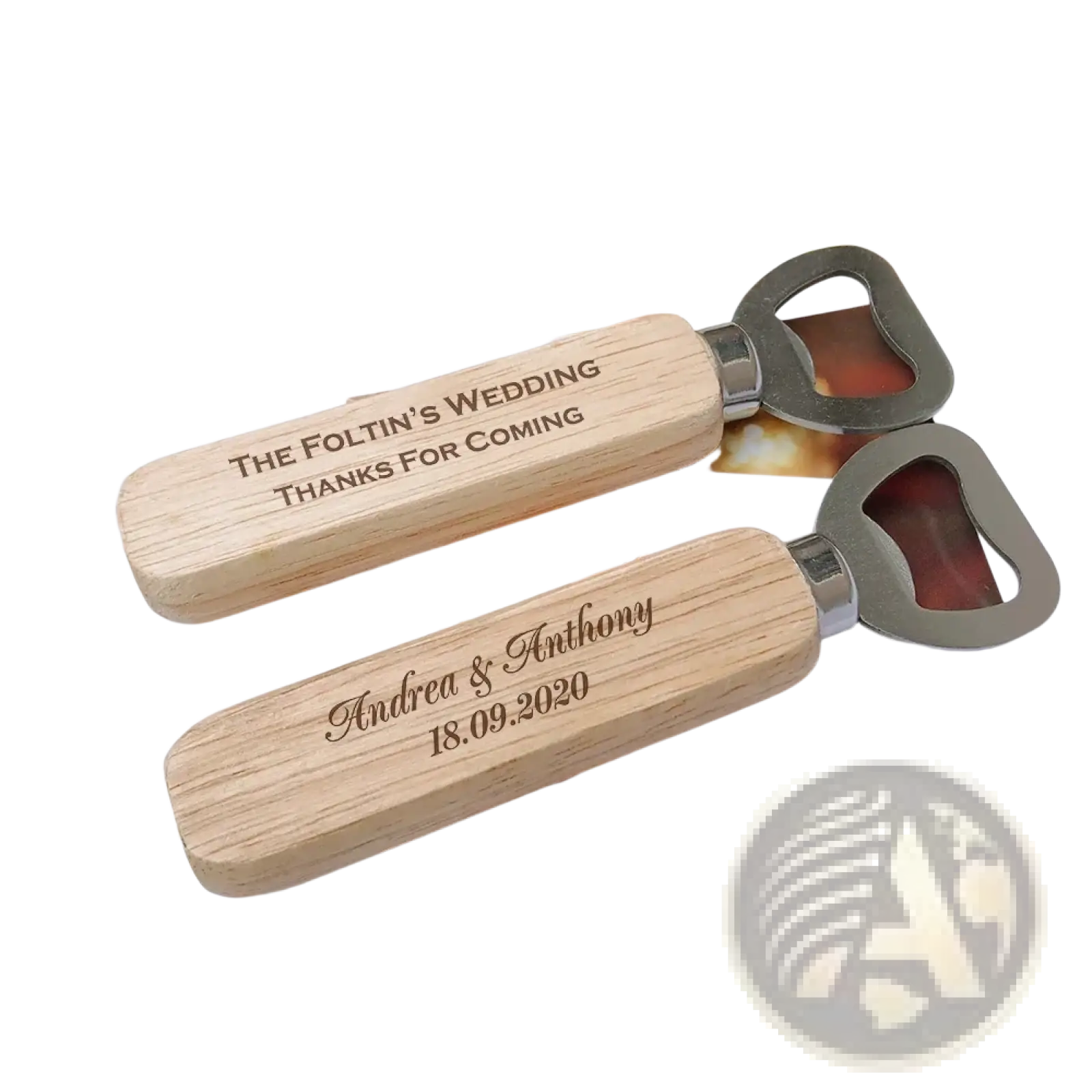 Two custom engraved wooden bottle openers with light wood handles and silver caps for wedding favors