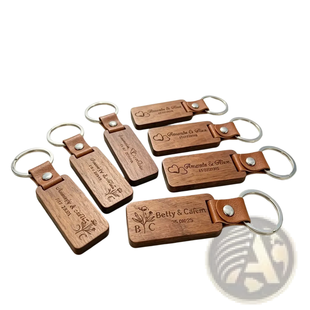 Custom engraved wooden leather keychain with silver metal ring featuring personalized names and dates on natural wood