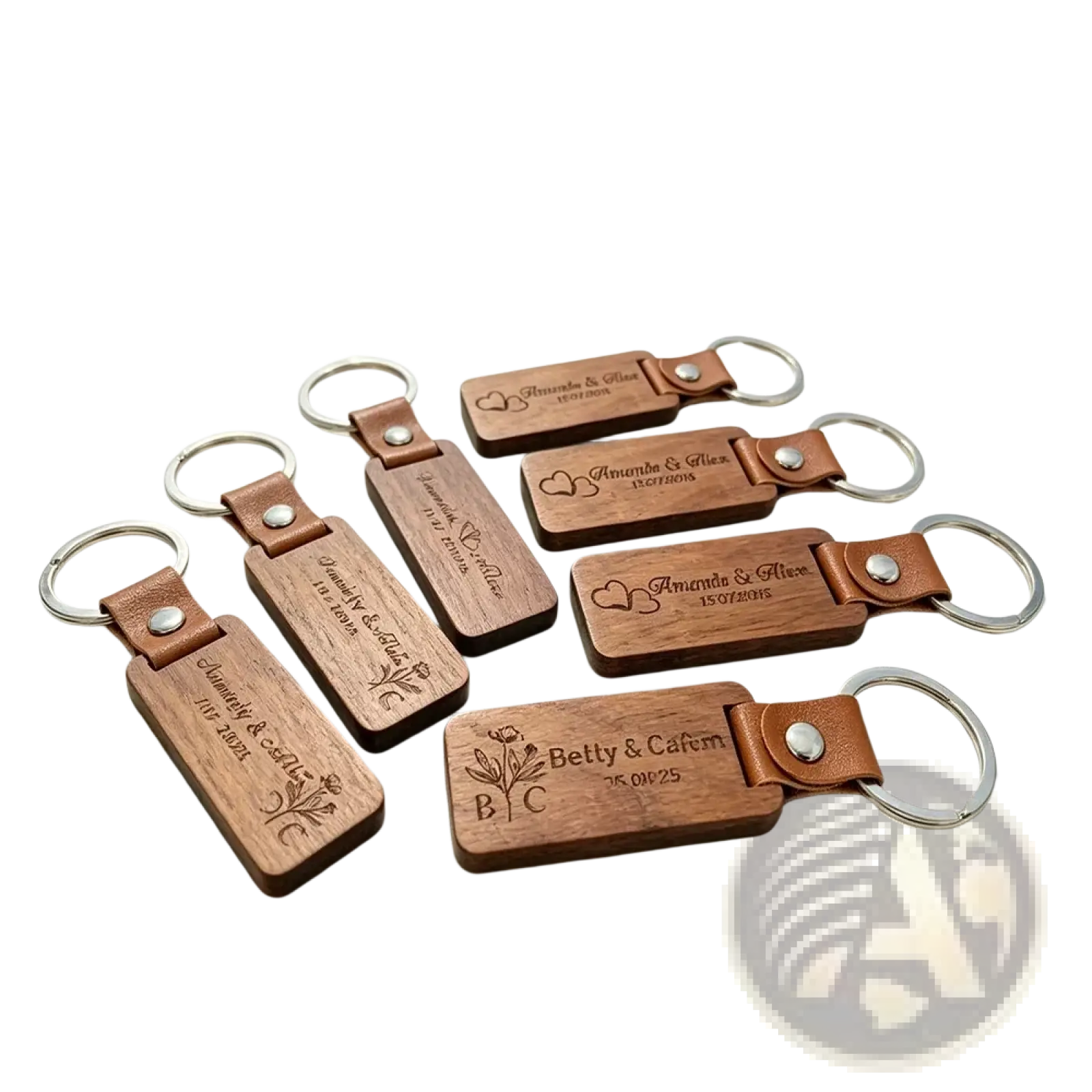 Custom engraved wooden leather keychain with silver metal ring featuring personalized names and dates on natural wood