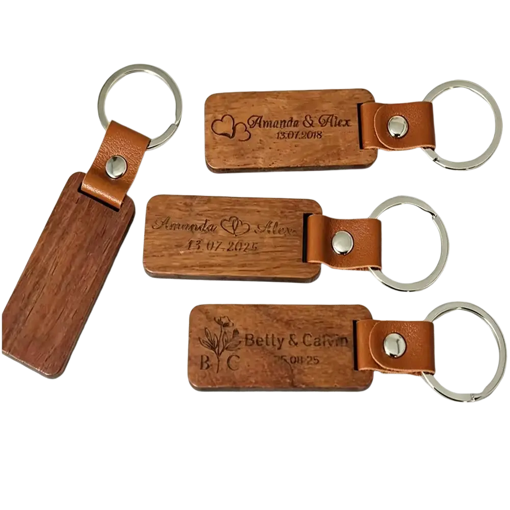 Custom engraved wooden leather keychain featuring brown wood with tan leather straps and silver metal rings engraved with names and dates