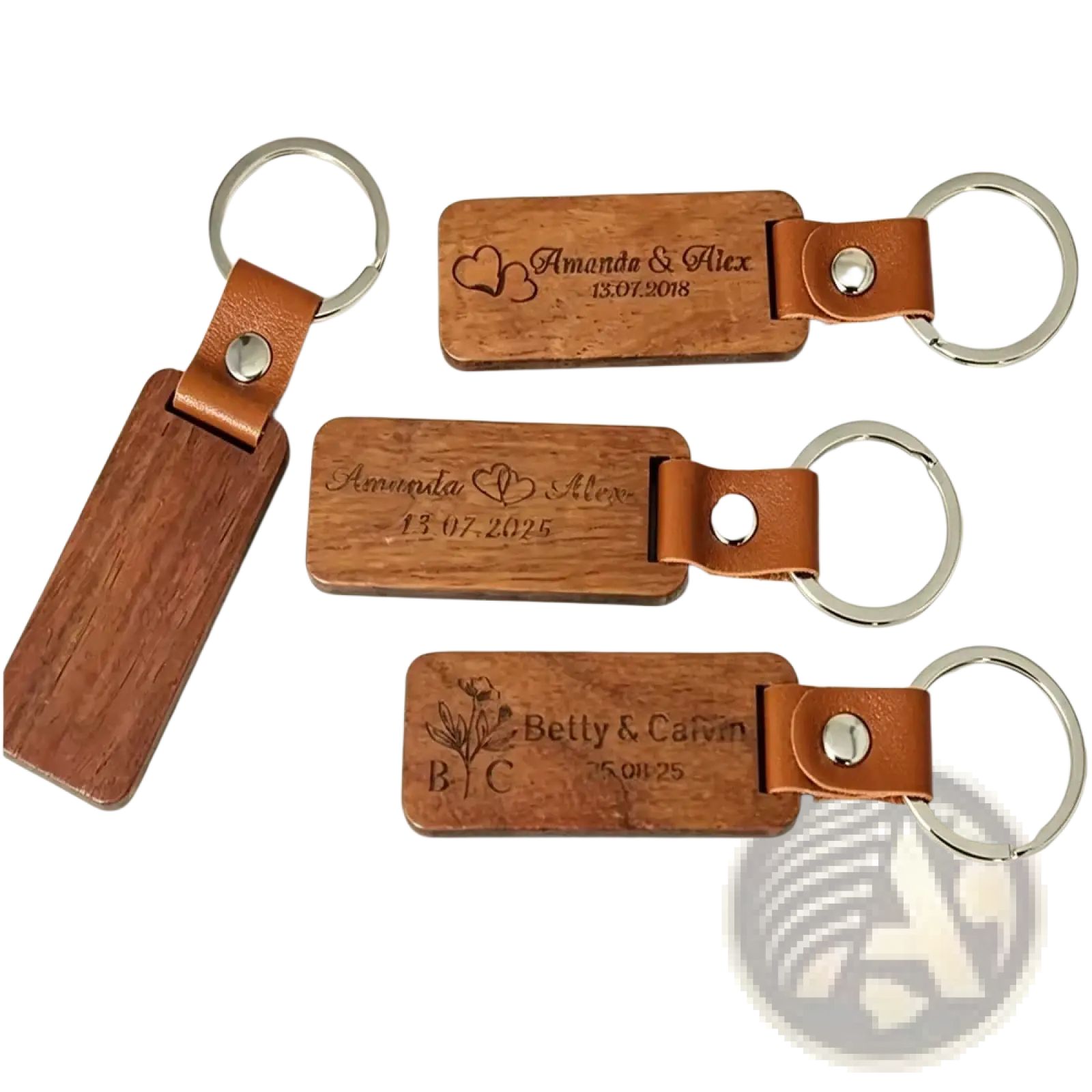 Custom engraved wooden leather keychains with brown wood, tan leather straps, silver rings, personalized with names and dates
