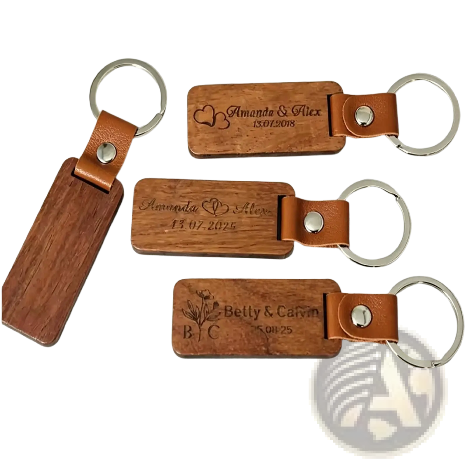 Custom engraved wooden leather keychain featuring brown wood with tan leather straps and silver metal rings engraved with names and dates
