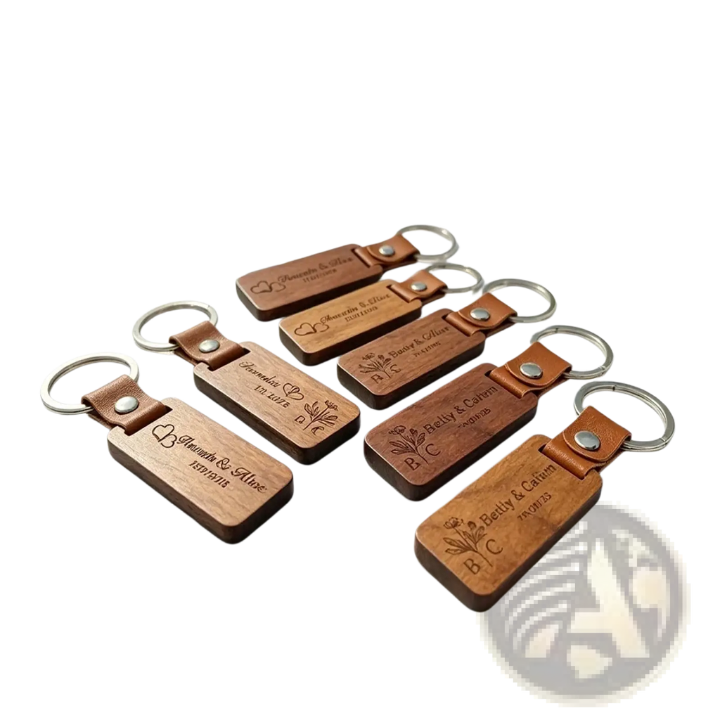 Custom engraved wooden leather keychains with silver rings featuring names dates and floral designs