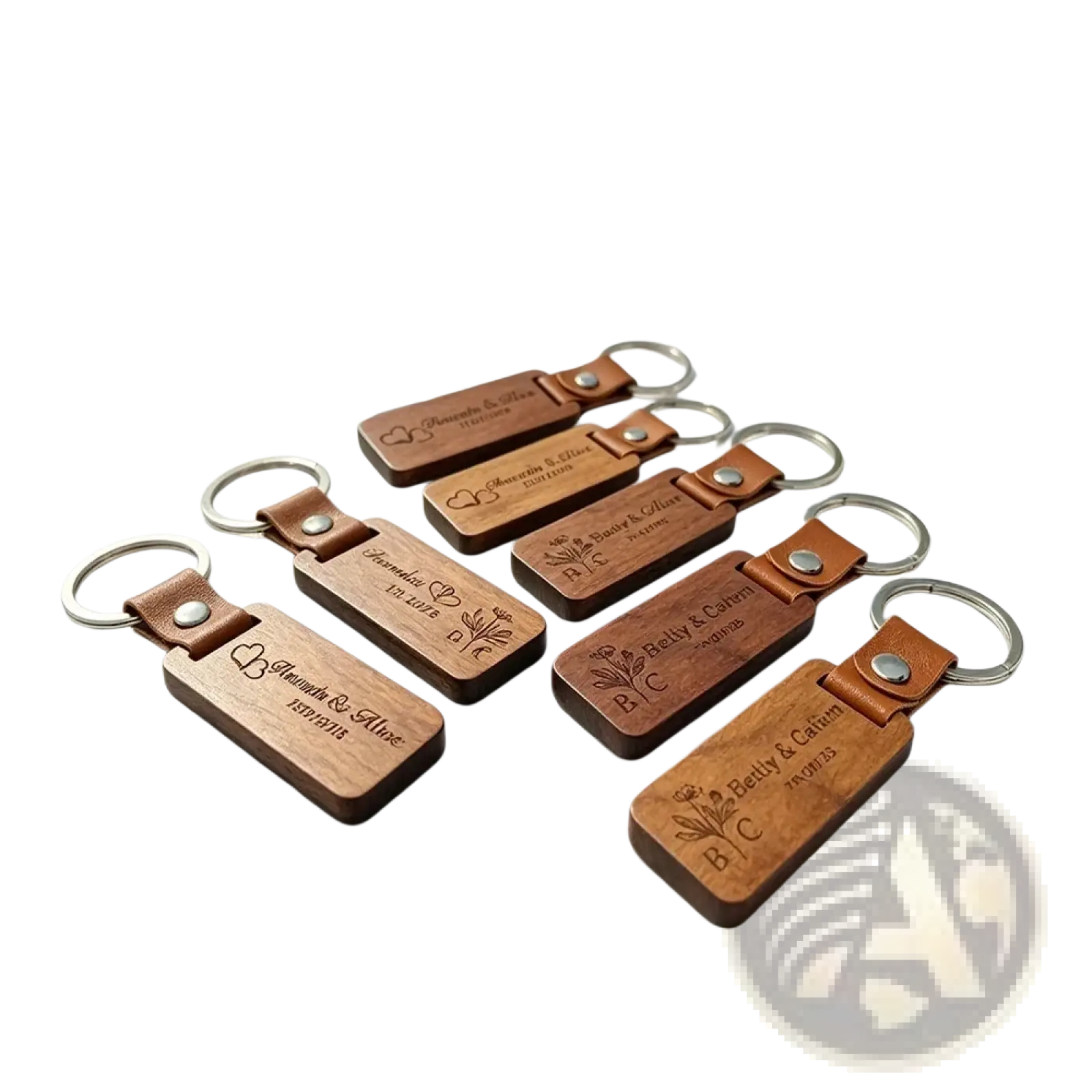 Custom engraved wooden leather keychains with silver rings featuring names dates and floral designs