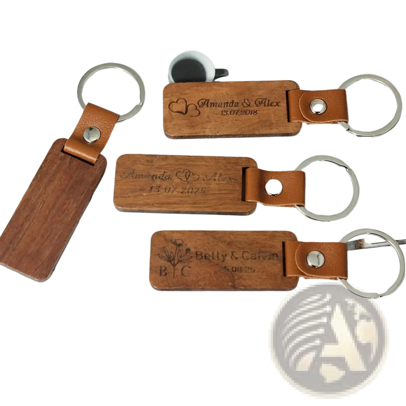 Custom engraved wooden leather keychains with tan straps and silver rings personalized with names and dates