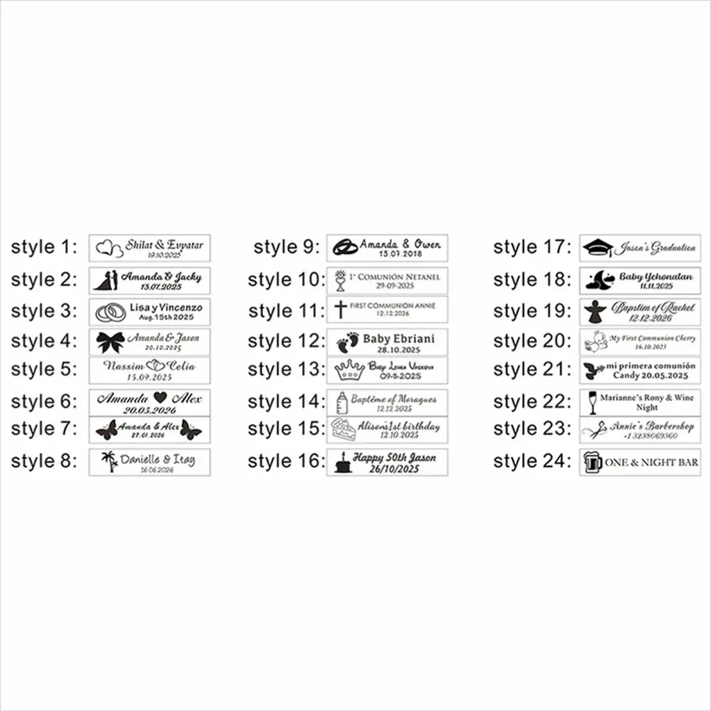 Set of 24 personalized black ink stamp designs displayed with custom engraved wooden leather keychain