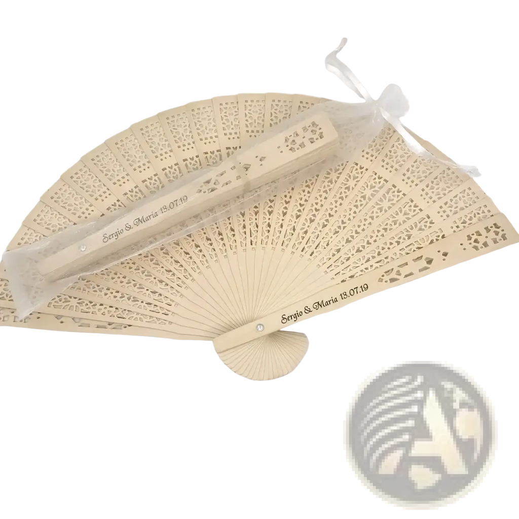 Beige wooden wedding fan favor with intricate lace-like cutouts and custom engraved names on the back side