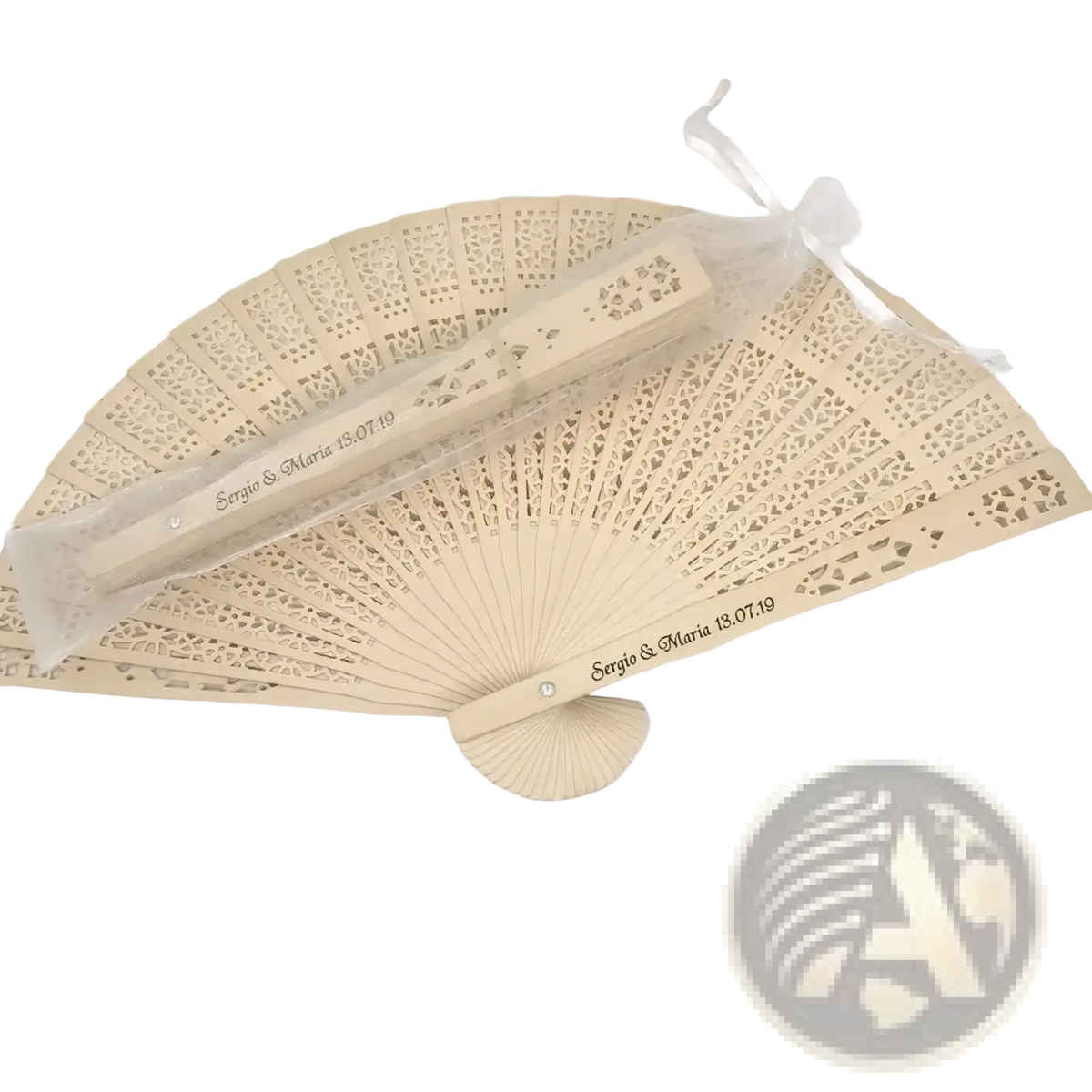 Beige wooden wedding fan favor with intricate lace-like cutouts and custom engraved names on the back side