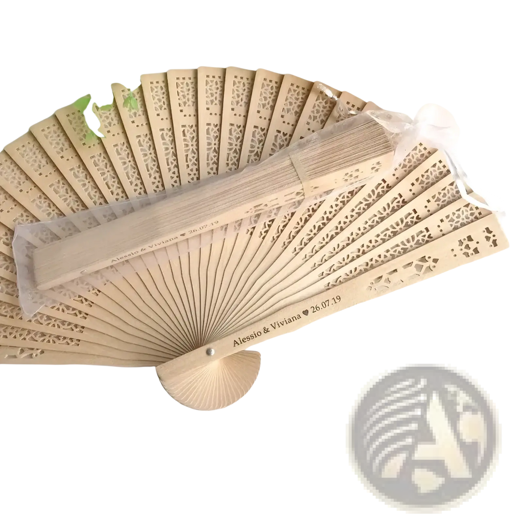 Custom engraved wooden wedding fan favor in light wood with intricate lace cutouts and personalized handle engraving