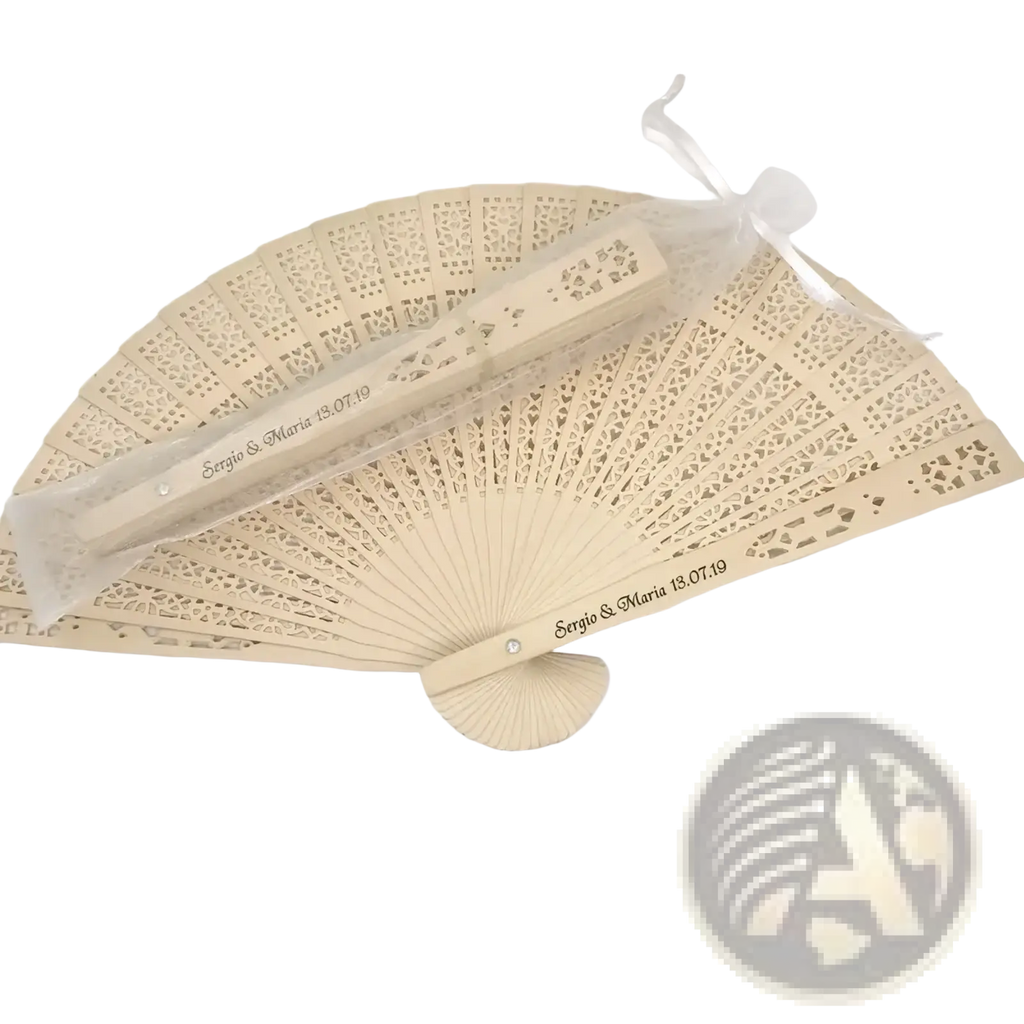 Beige wooden wedding fan favor with intricate lace-like cutouts and custom engraved names on the back side