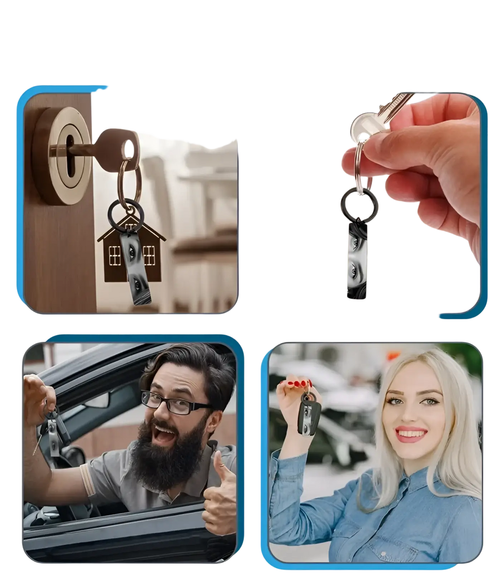 Black custom eye photo engraved stainless steel keychain with house-shaped pendant and silver-toned rings