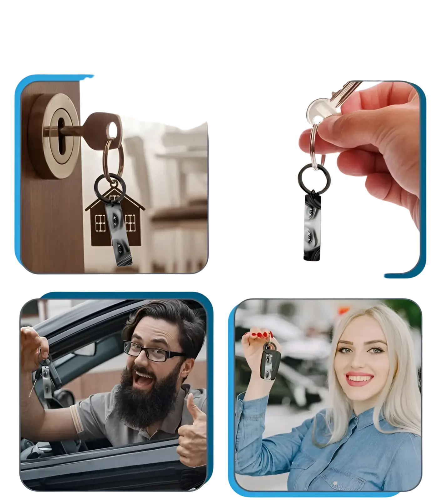 Black custom eye photo engraved stainless steel keychain with house-shaped pendant and silver-toned rings
